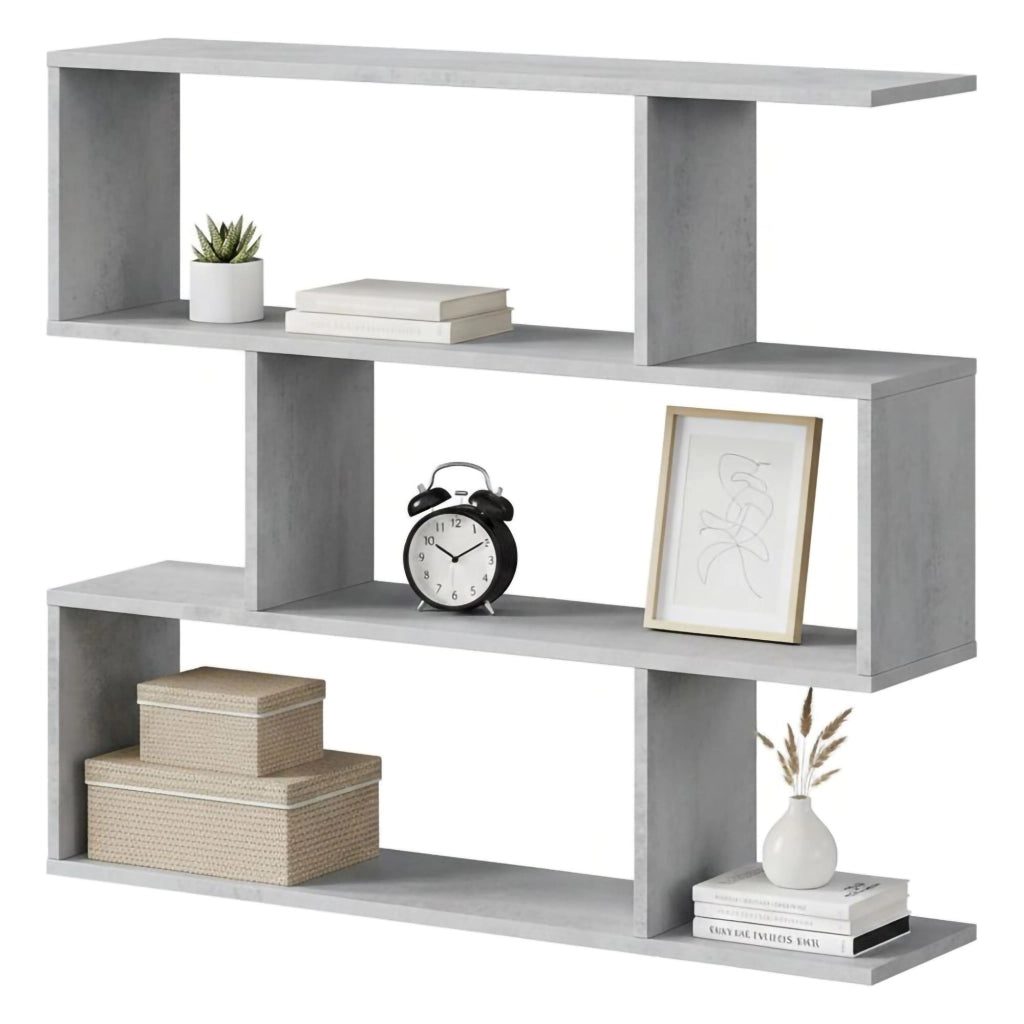Libreria Amerigo, Mobile portalibri bassa bifacciale, Scaffale con tre scomparti, Scaffale moderno da ufficio, cm 110x24h97, Grigio cemento