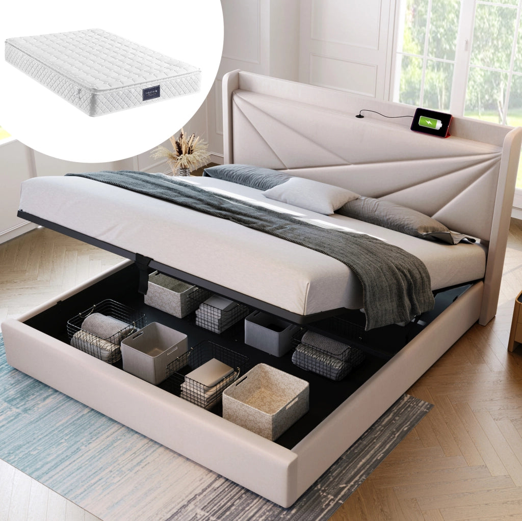 Letto matrimoniale contenitore 140x200 cm con USB e Type-C; testiera in cotone lino beige
