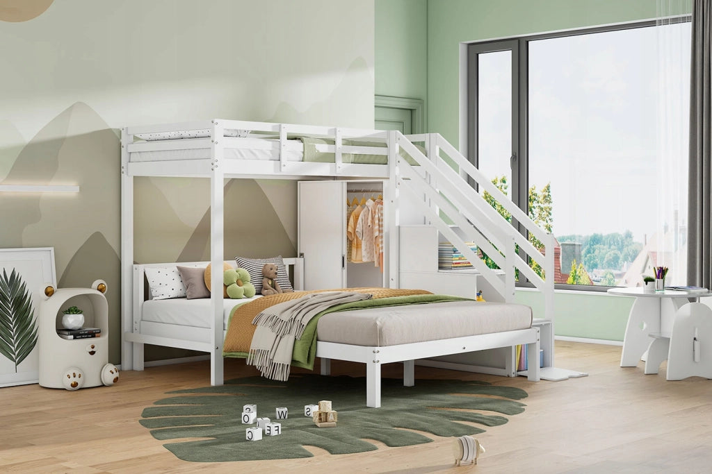 Letto a castello 90x200+140x200 con armadio e ripostiglio, bianco - Xylo