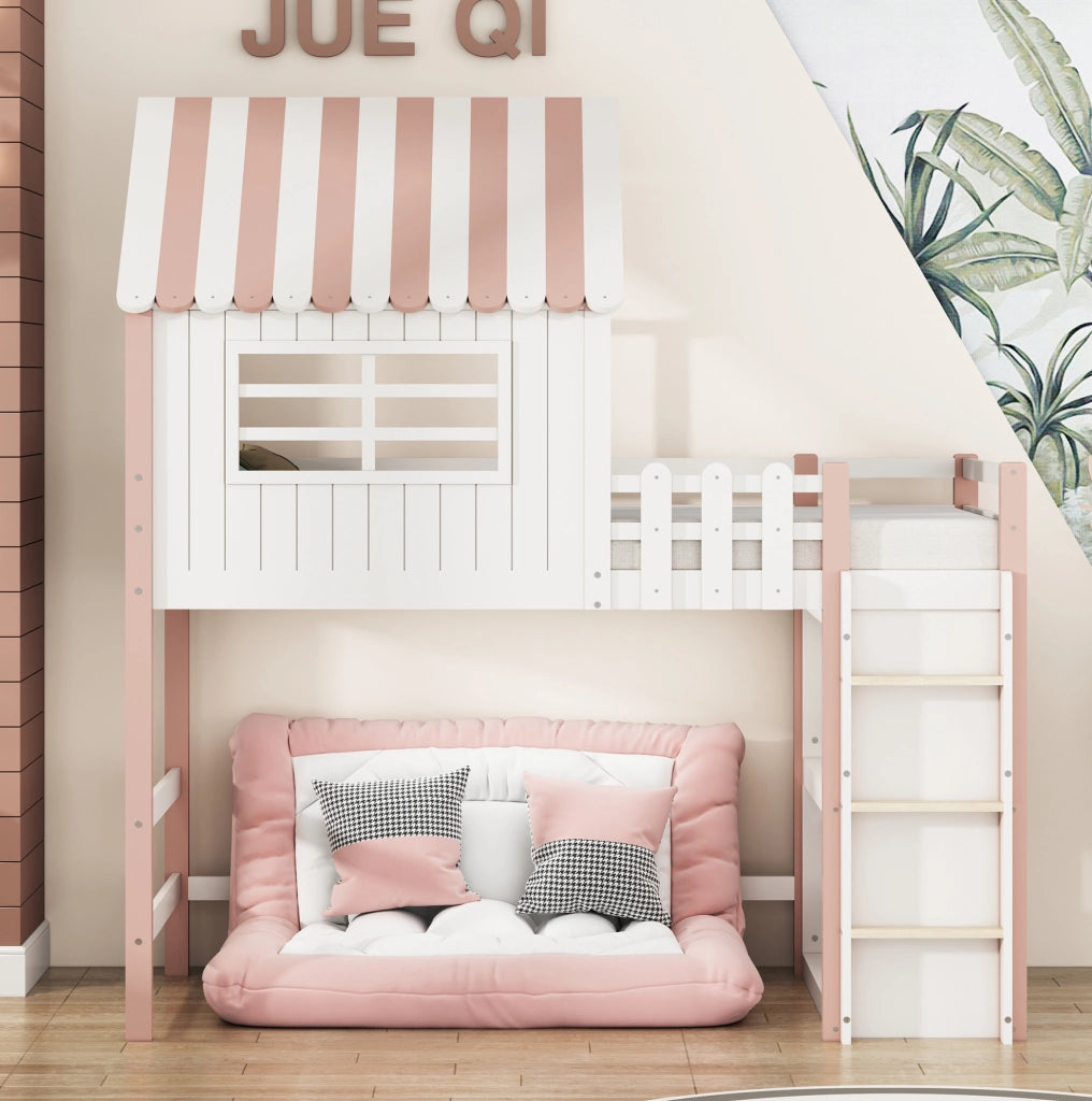 Letto a castello per bambini 90x200 cm con tetto rosa