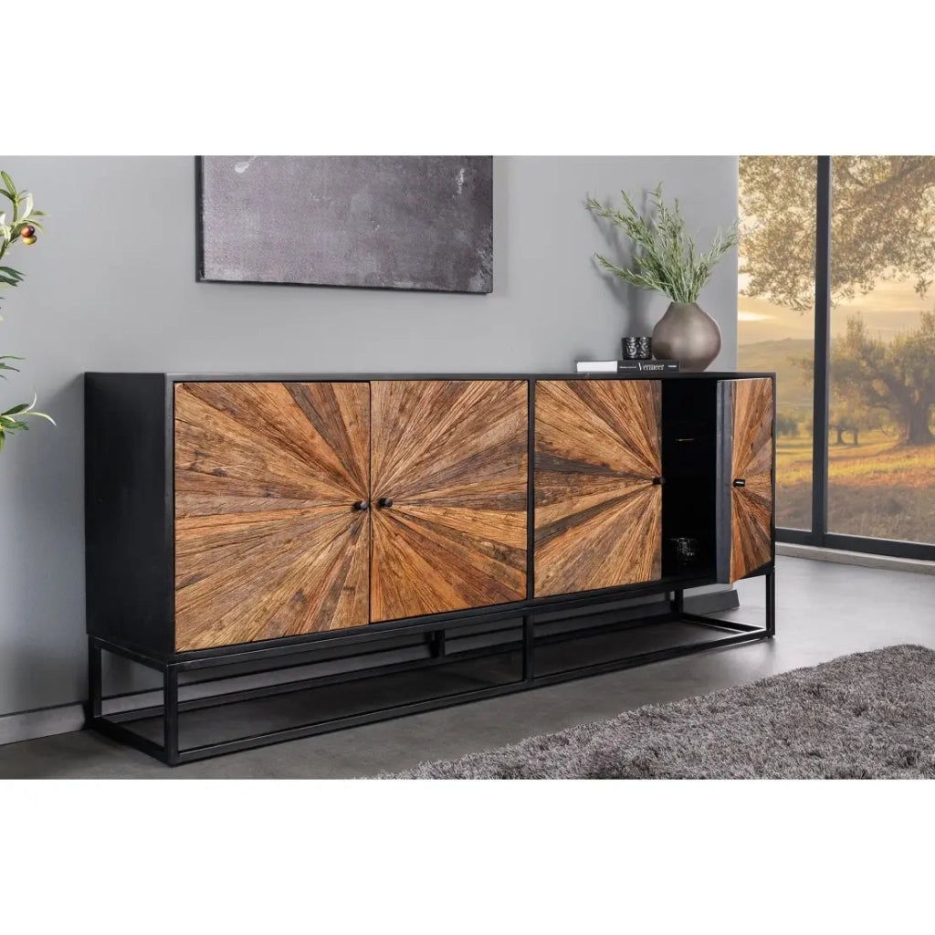 Buffet RAOKA 180 cm in legno massiccio di mango e teak – Motivo solare scolpito