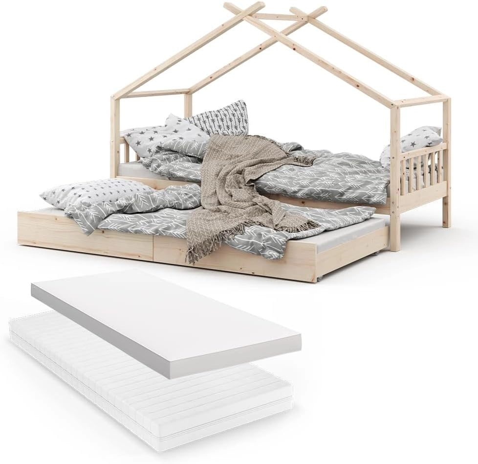 Letto montessori bambini Design, Legno naturale, 90x200 cm con letto per ospiti e 2 materassi, con sponda anticaduta e rete a doghe per un sonno sicuro
