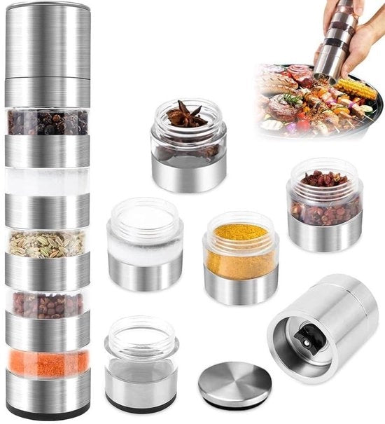 Strumento per tritare erbe 5 in 1 - Mini contenitori per erbe - Set di erbe portatile - Tritacarne ceramico - Design trasparente - Ideale per il campeggio - Contenitore per erbe