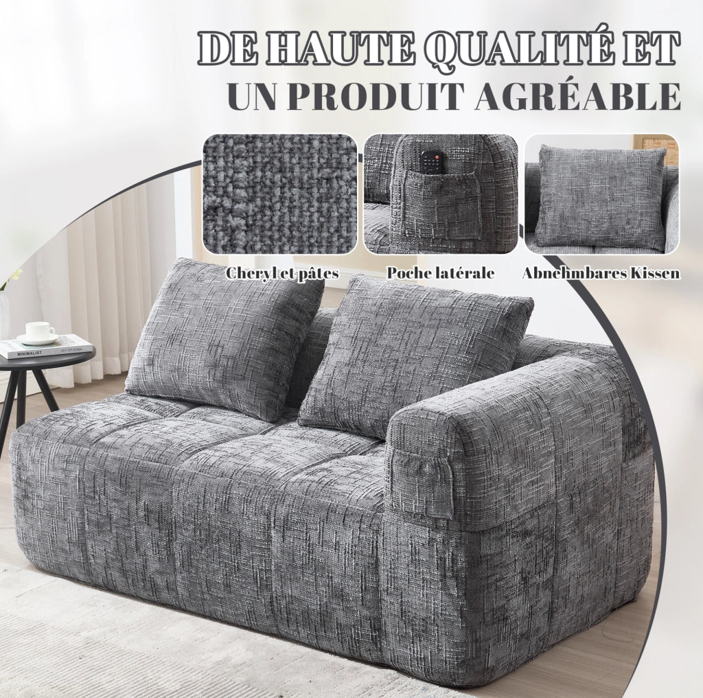 Divano chaise longue in ciniglia con tasche laterali e cuscino; 158 × 90 × 60 cm; grigio