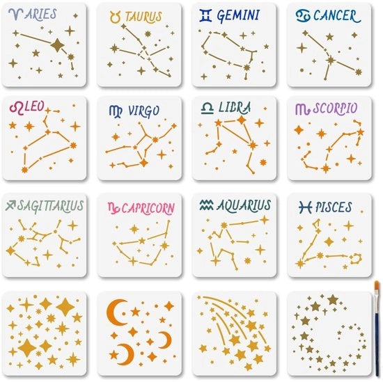 Stencilli 16 pezzi Thema Stelle - Schemi riutilizzabili - 15 × 15 cm - Pittura - Artigianato DIY - Decorazione per Legno e Muro