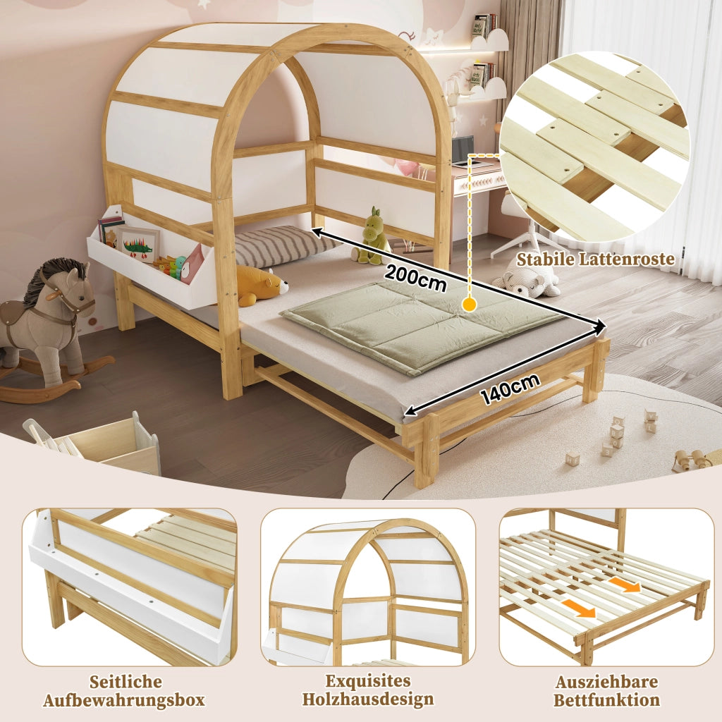 Letto a baldacchino estraibile legno massello e MDF bianco naturale 140x200 cm