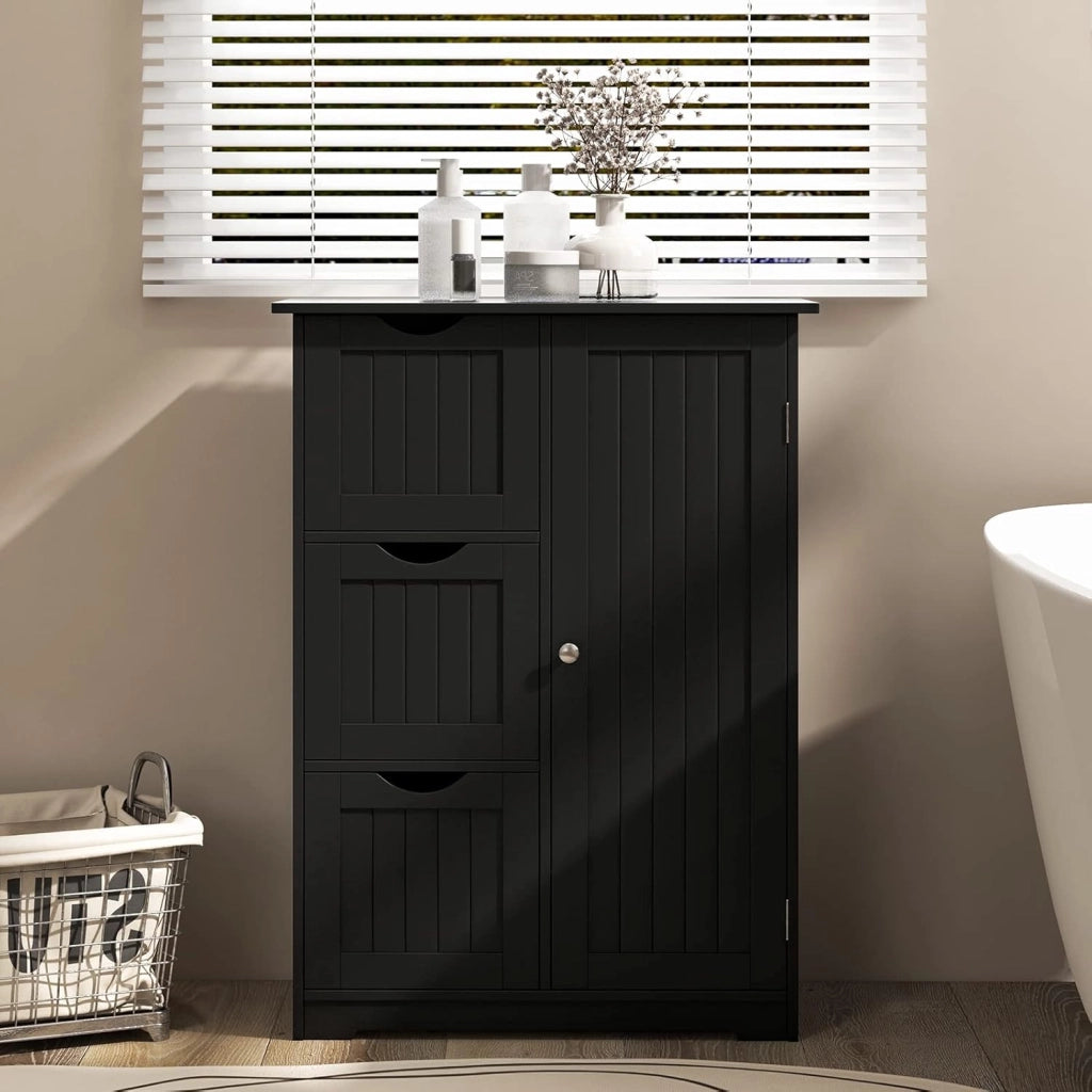 Armadietto da bagno con ripiano regolabile, in legno, 60 x 30 x 81 cm, con 3 cassetti e 1 porta, per soggiorno, cucina, corridoio (nero)