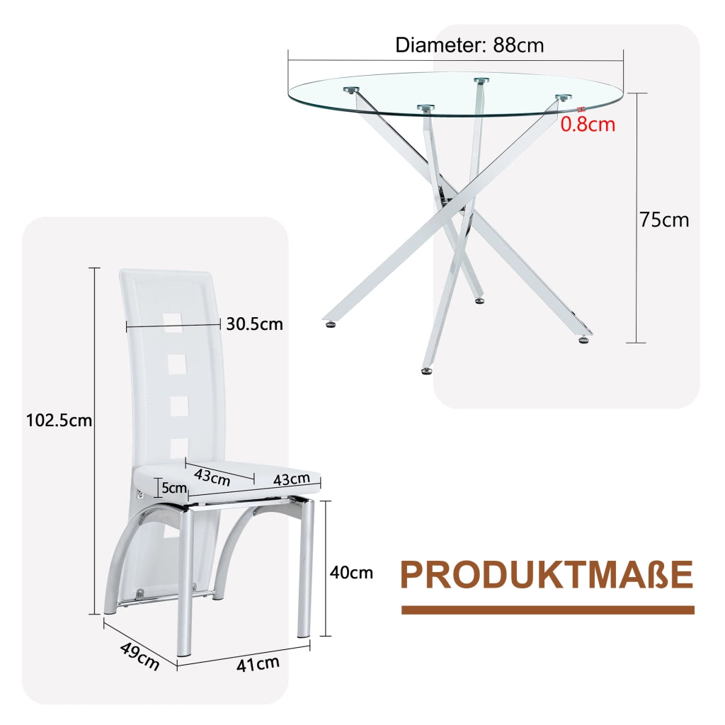 Set tavolo da pranzo e sedie con 1 tavolo rotondo e 4 sedie; vetro temperato e metallo; bianco e argento