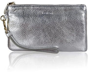 Clutch in pelle autentica, borsa da donna, cinturino RFID bloccante, portafoglio con cerniera e cinturino rimovibile per la sera, vacanza, argento