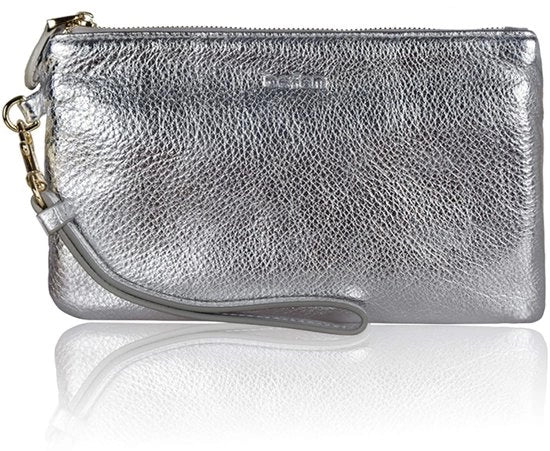 Clutch in pelle autentica, borsa da donna, cinturino RFID bloccante, portafoglio con cerniera e cinturino rimovibile per la sera, vacanza, argento