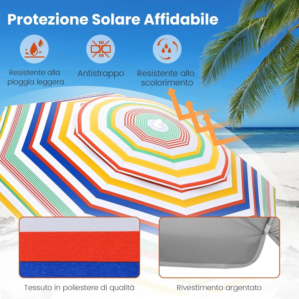 Ombrellone da Spiaggia da 179 cm, Protezione Solare, Ombrellone da Esterno Portatile con Inclinazione Regolabile, Borsa per il Trasporto, per Patio, Giardino, Cortile