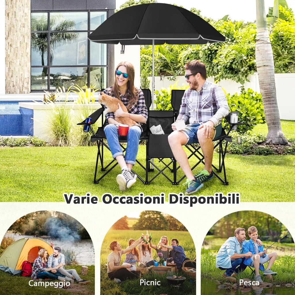 Set di 2 Sedie da Campeggio Pieghevoli, con Ombrellone e Tavolino Contenitore, Resistente e Leggero, Capacità 113 kg (nero)