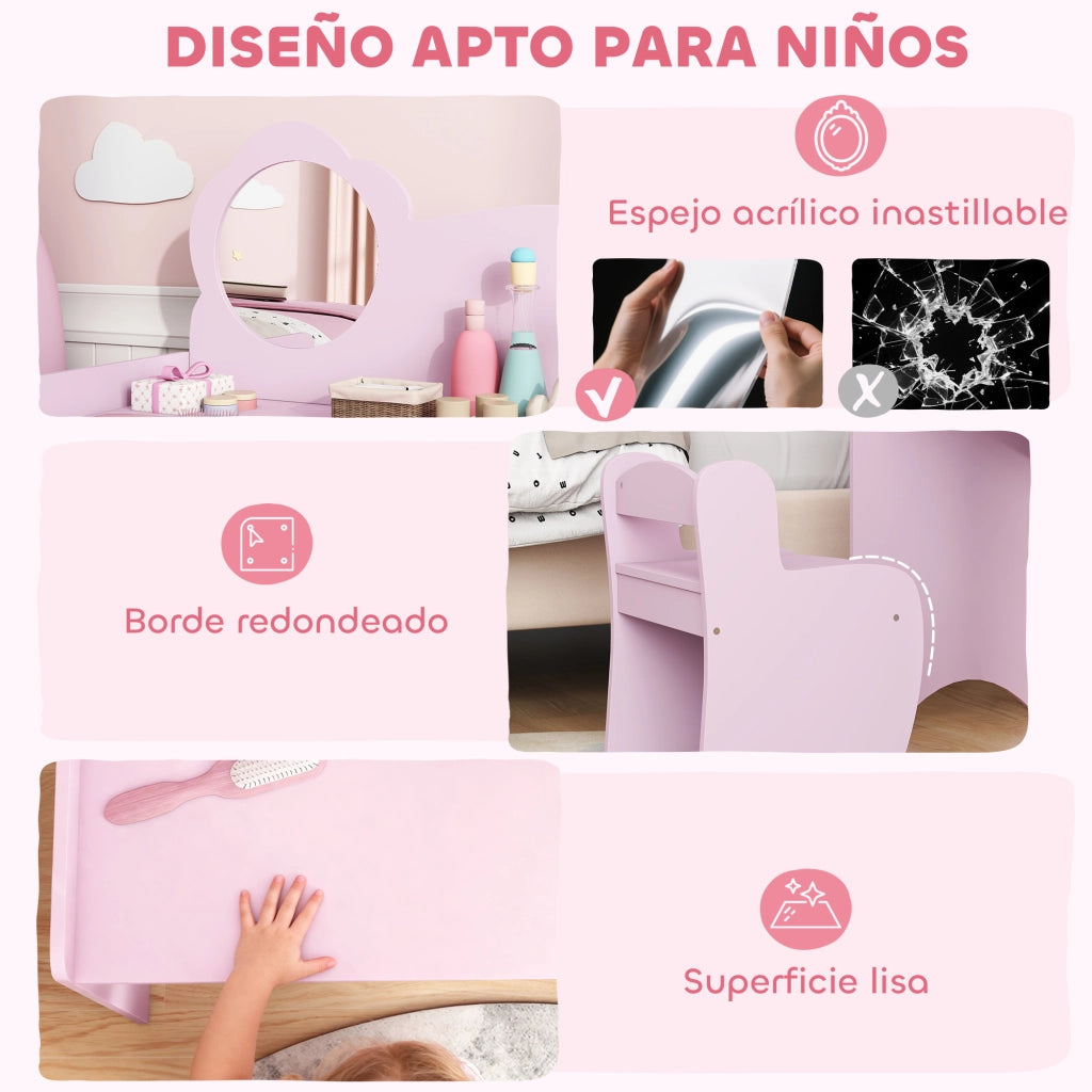 Tavolino da trucco con specchio a forma di fiore e sgabello ¨C Xylo ¨C Rosa con scaffale