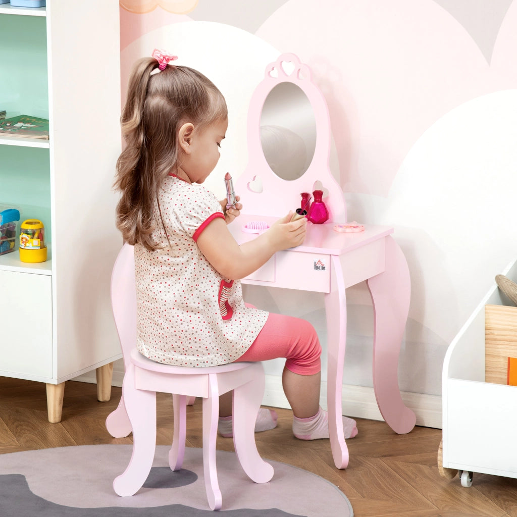EasyComfort Tavolo Trucco per Bambini con Sgabello in Legno, Toeletta con Specchio e Cassetto, 60x36x88cm, Rosa