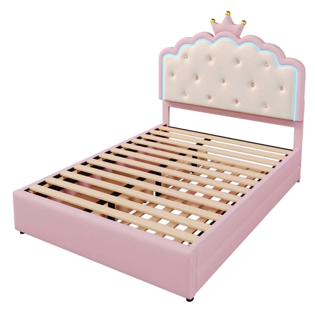 Letto per bambini imbottito 140x200 cm in PU rosa, con rete a doghe, letto estraibile, 2 cassetti e LED