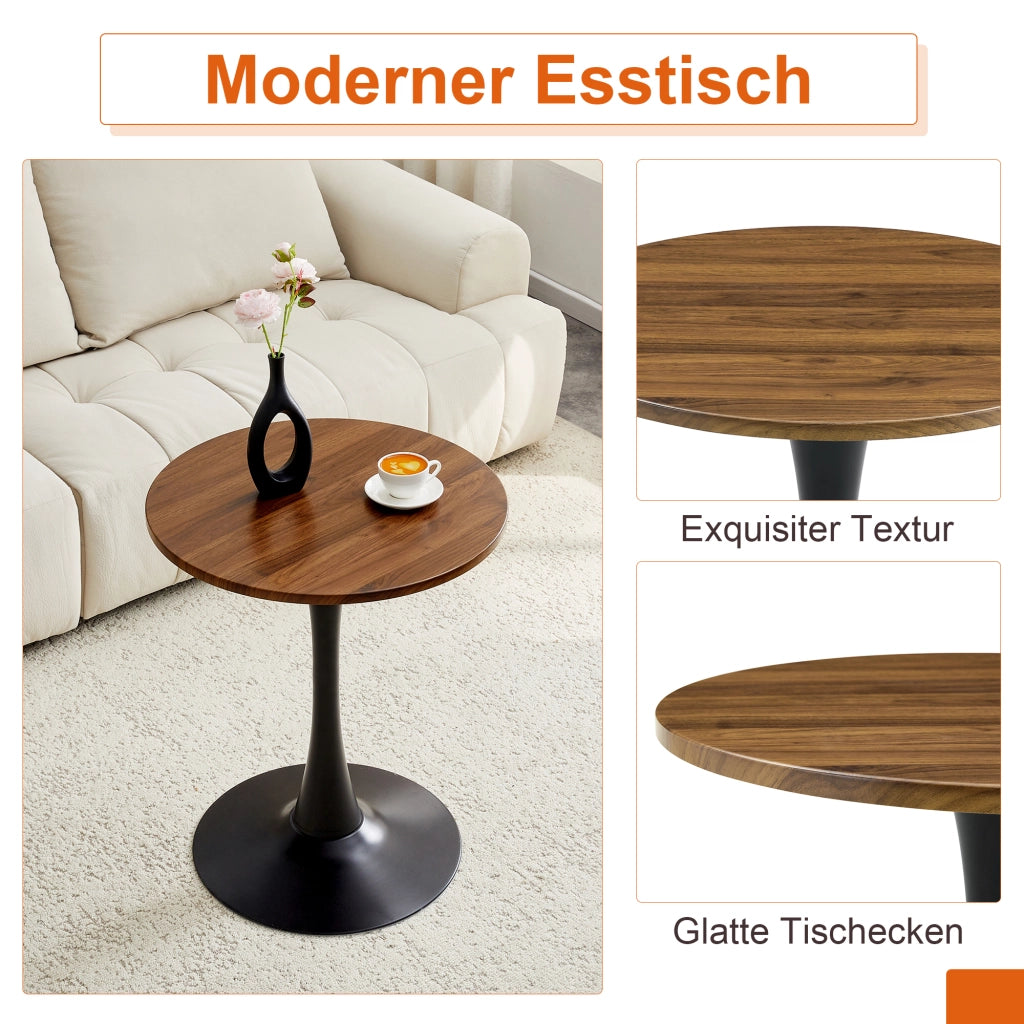 Tavolo da pranzo rotondo con base in metallo, piano effetto noce, stile mid century, per soggiorno, nero, 60 × 72 cm