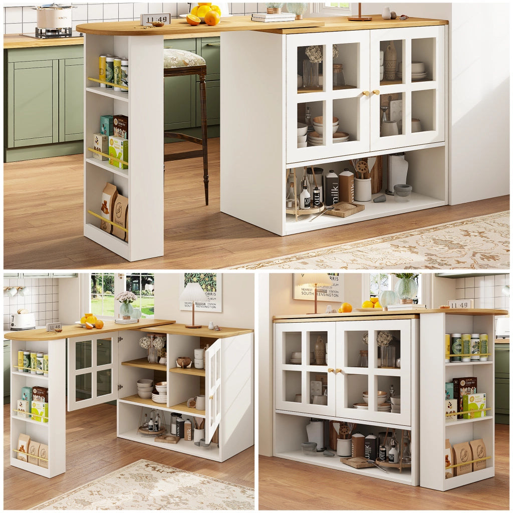 Mobile Bar con 2 Ante in Vetro; 5 Ripiani; Estensibile e Girevole a 360°; per Cucina Soggiorno; MDF; 138-204 x 39 x 102;5 cm; Bianco