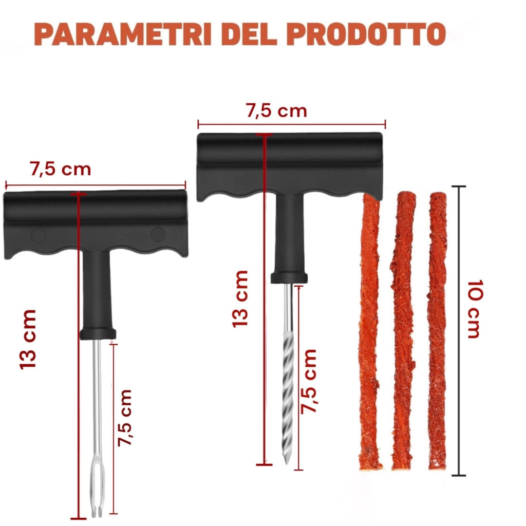 Kit Ripara Gomme Pneumatici Tubeless Riparazione Foratura Auto Moto Scooter 003026
