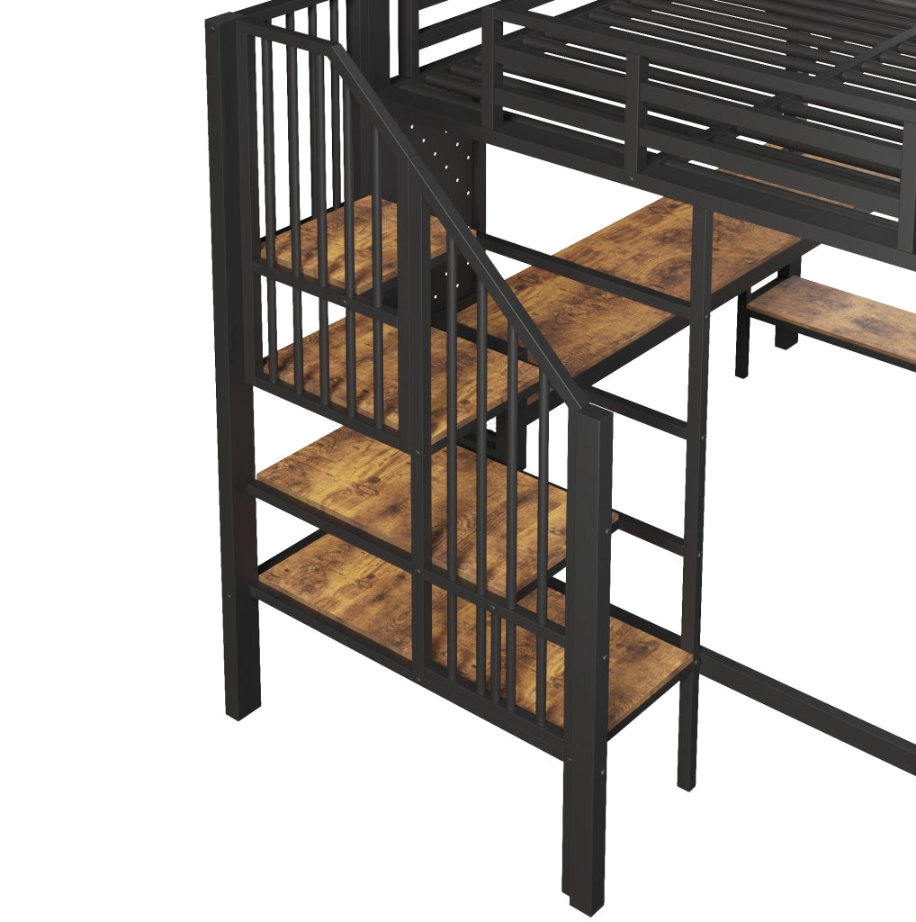 Letto a soppalco ULEVR 140x200 cm con scrivania angolare, prese USB-C e LED, marrone vintage e nero