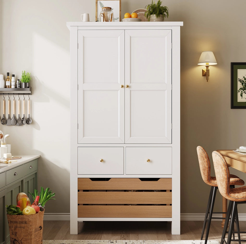 Credenza 80x40x140 cm con 5 cassetti; doppie ante e sicurezza antiribaltamento in MDF e PB bianco