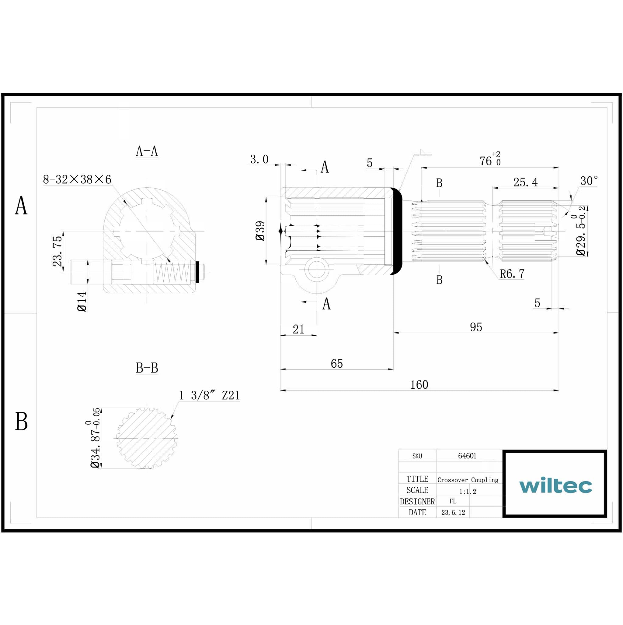 Boccola albero cardanico 160mm Attacco scanalato 8-32x38x6 per albero uscita 1 3/8" 21D Trattore