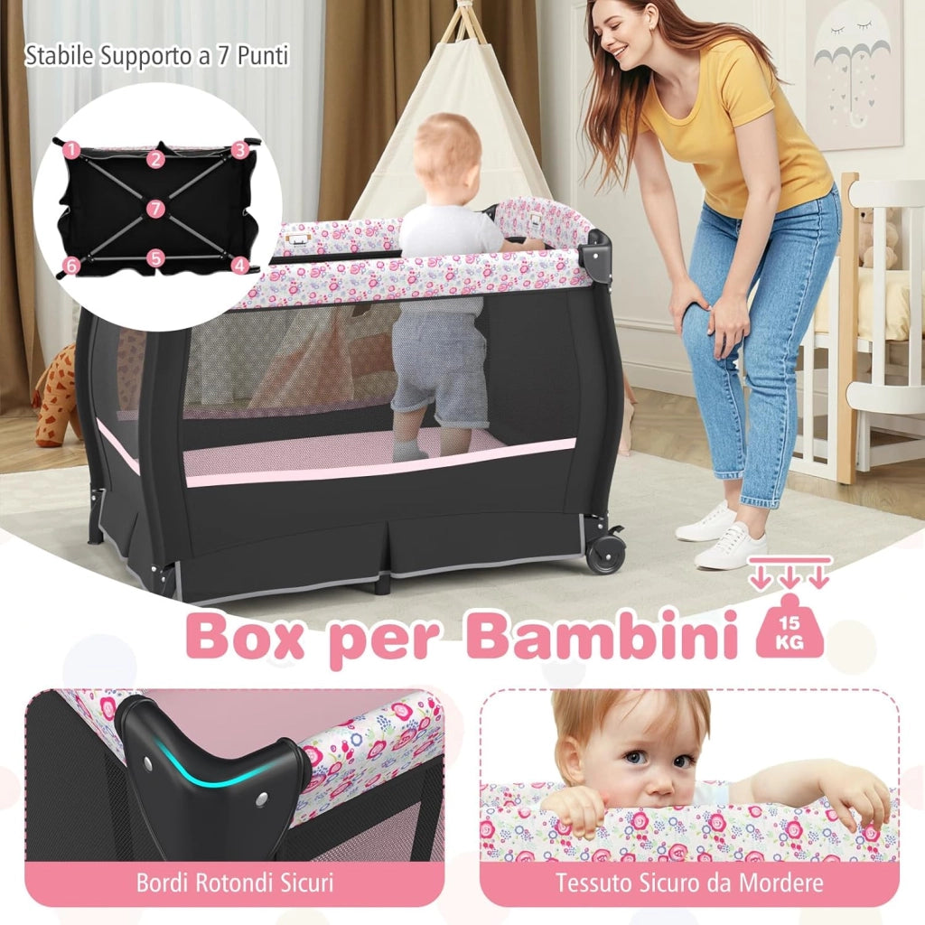 4 in 1 Lettino Neonato con Materasso, Culla da Campeggio con Fasciatoio Cappottina Regolabile, Ruote Bloccabili, Box Piechevole per Bambini 0-36 Mesi (Fiore Grande)