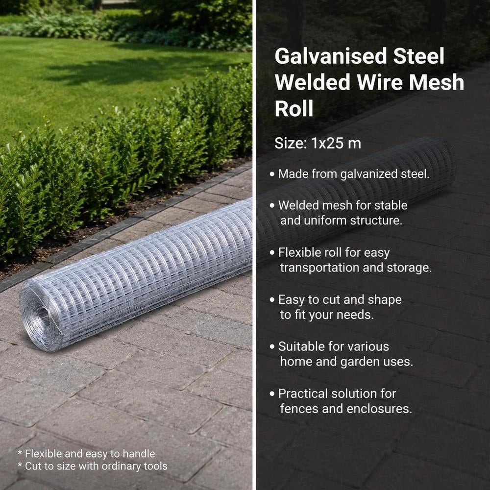 Wire Mesh Fence, Galvanized Steel, Square, 1x25 M, Silver