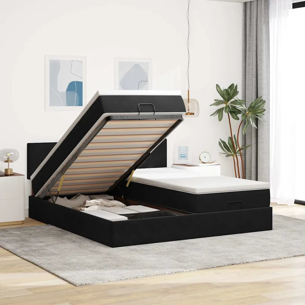 Struttura Letto Pouf con Materassi Nero 180x200 cm in Velluto
