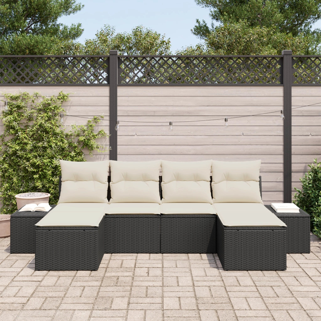 Set divano da giardino 6 pezzi con cuscini Nero Polyrattan