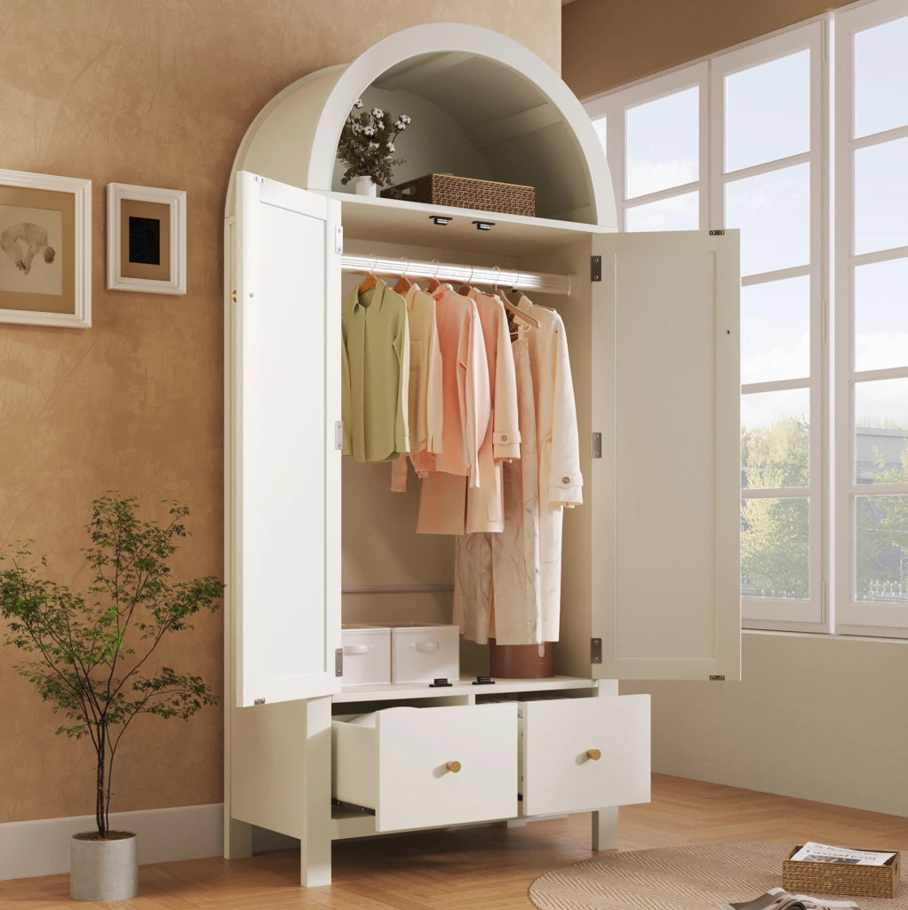 Armadio ad arco con intreccio in rattan, bianco, con 2 cassetti e asta appendiabiti