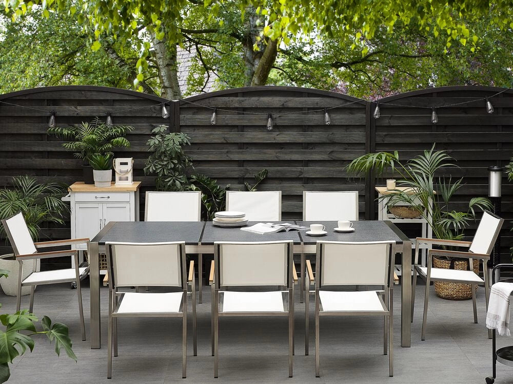 Set da pranzo da giardino bianco con piano in granito fiammato 8 posti 220 x 100 cm