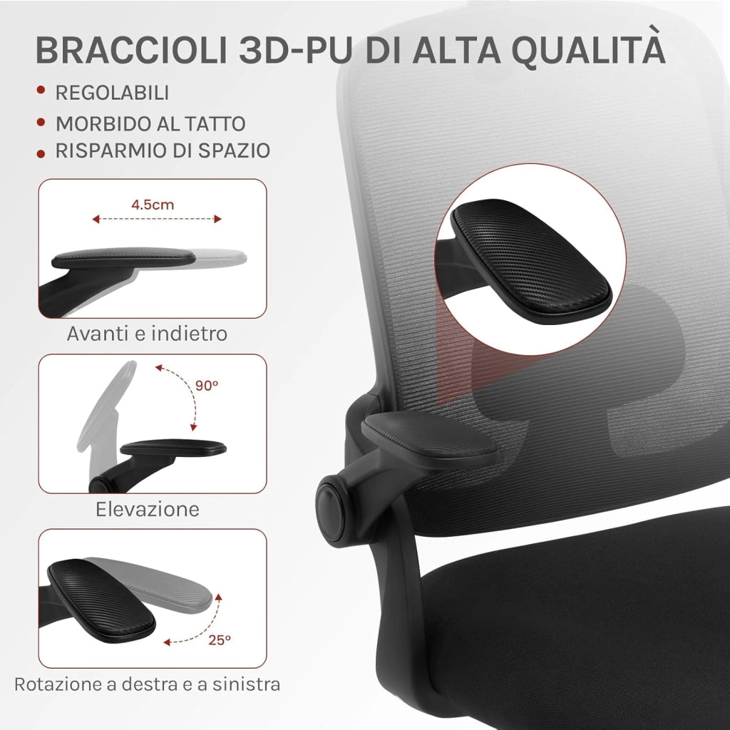 Sedia Ufficio Ergonomica con Poggiatesta e Braccioli Regolabili, Supporto Lombare, Poltrona Scrivania Girevole in Rete Traspirante Funzione Dondolo, Nero