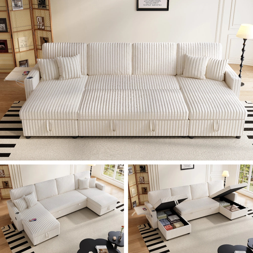 Divano modulare con funzione letto; contenitore; USB e tavolino in velluto a coste beige