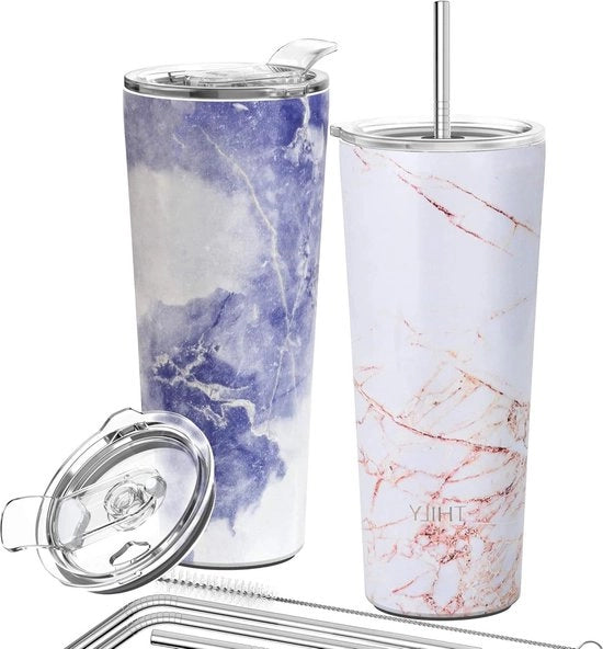 Bicchiere in acciaio inossidabile a vuoto isolato 780 ml bicchiere isolato a triplo strato per viaggio - bevande calde - set 2 bicchieri con inserti in marmo giallo e marmo blu