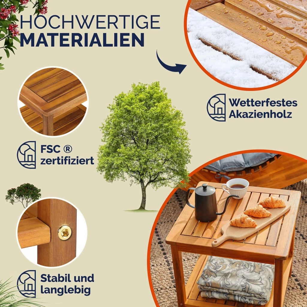 ® Tavolino da Giardino 45x45x45cm Portata 80kg 2 Ripiani Tavolo da Balcone Tavolo da Caffè Tavolo Piccolo Legno Acacia Tavolino estreno Legno
