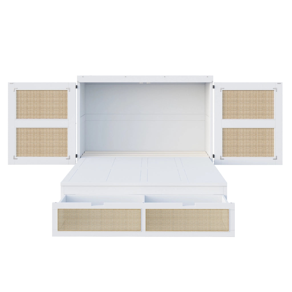 Letto a scomparsa verticale 140x200 cm in legno bianco con rattan; cassetti contenitore