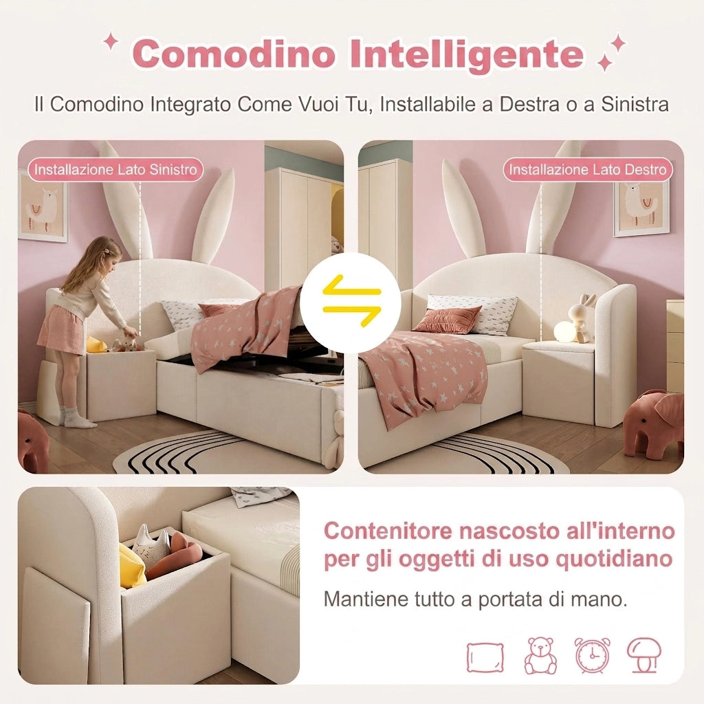 Letto per bambini 90x190 con contenitore e comodino; letto imbottito in velluto beige
