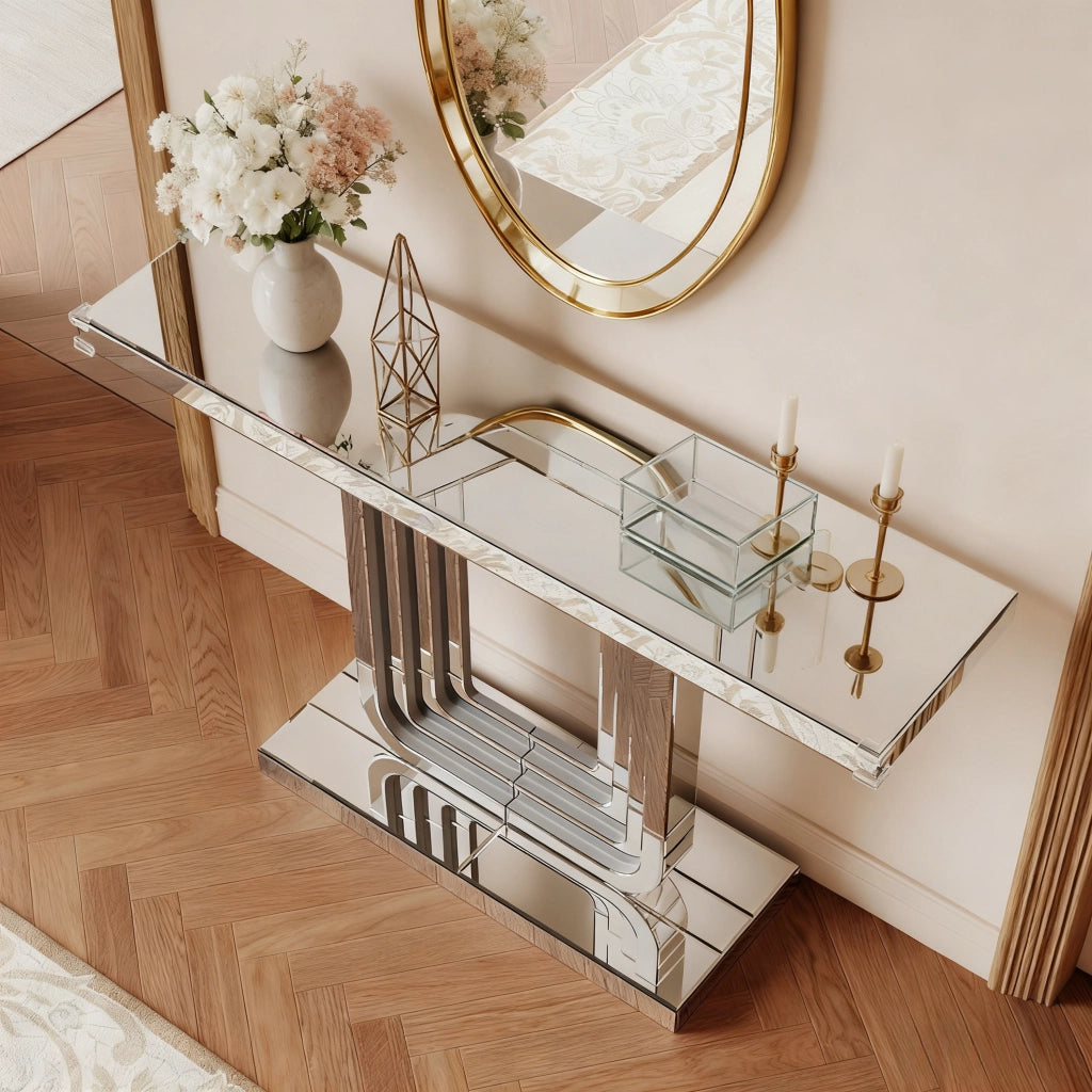 Consolle specchiata con base a U in MDF effetto vetro argentato per ingresso e soggiorno 135 × 40 × 31,5 cm