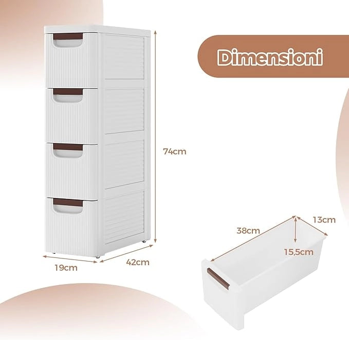 Mobile Bagno con 4 Cassetti, Mobiletto Bagno Salvaspazio con Ruote, Cassettiera in PP per Soggiorno, Bagno e Cucina, 42 x 19 x 74 cm