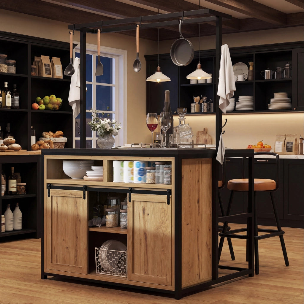 Mobile da cucina con 2 sgabelli; prese integrate; vani aperti e ante scorrevoli; per cucina e sala da pranzo