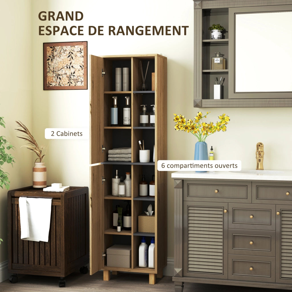 Armadio colonna bagno con 6 ripiani aperti e 2 ante ¨C zephmum ¨C legno naturale
