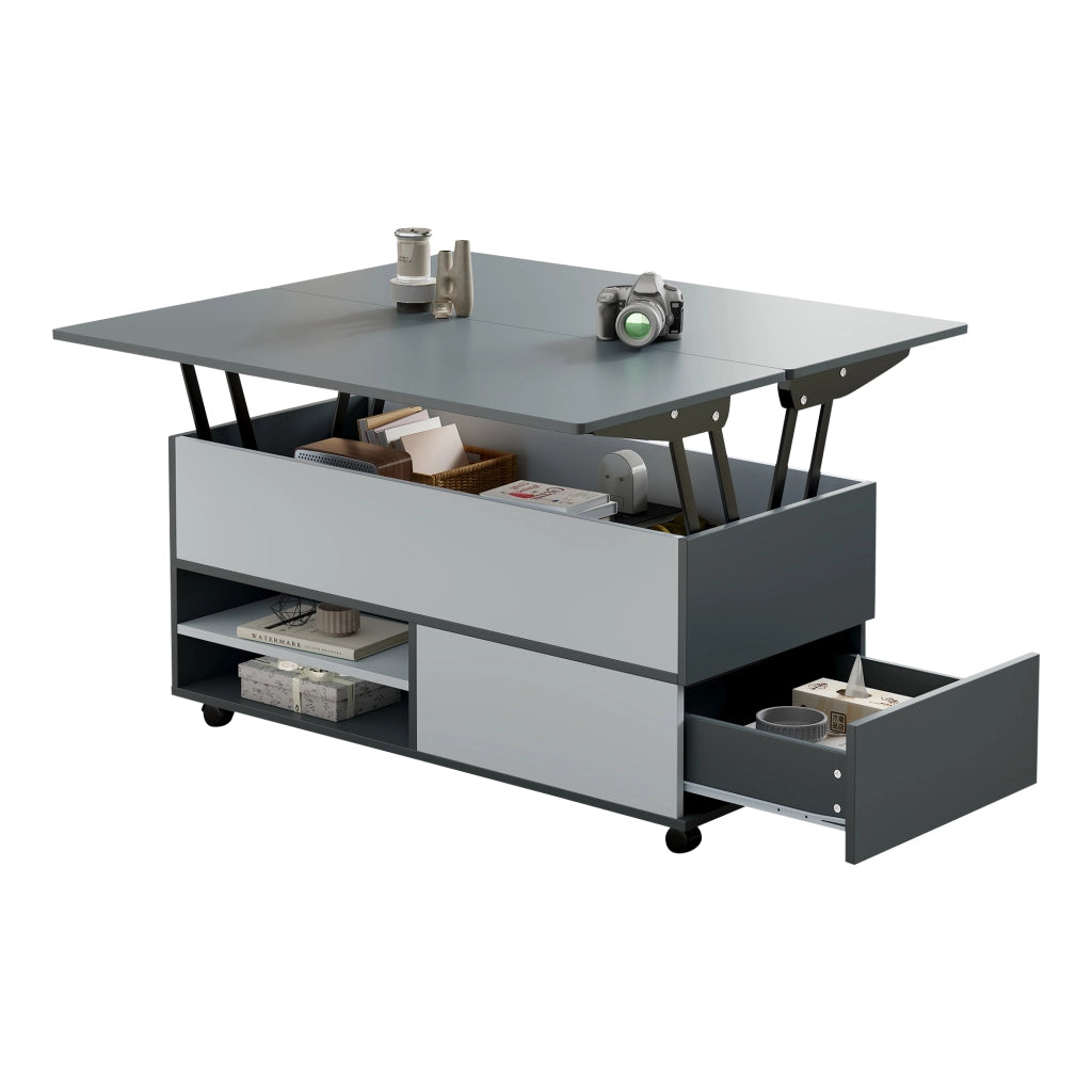 Tavolino Da Caffè Sollevabile con 1 Cassetto e 1 Armadio; Piani Idraulici; con Ruote; Stile Moderno; in Pannello Truciolare; Grigio E Bianco; 100×98×65 cm