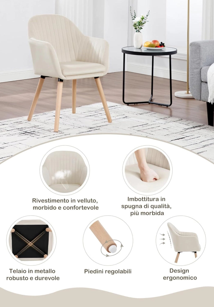 1Pz Sedia da Pranzo Poltroncina per Sala D'attesa Cucina Poltrona con Schienale Braccioli Tessuto in Velluto Gambe di Legno Crema BH95cm-1