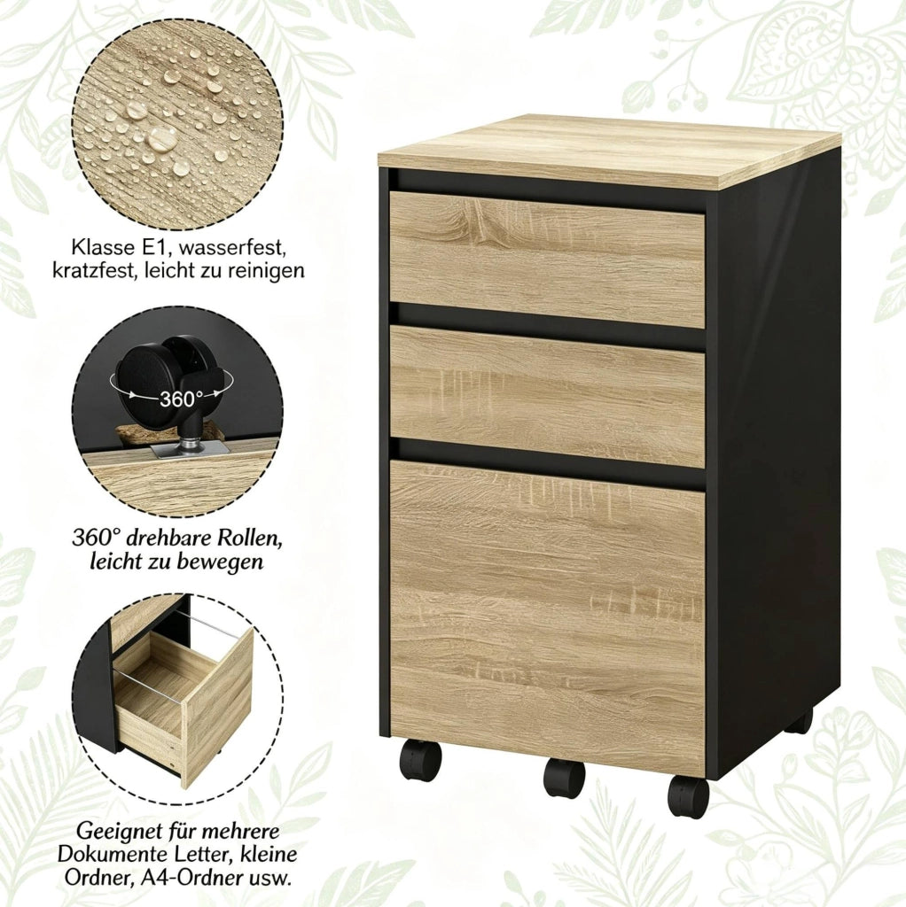 Cassettiera da ufficio mobile con 3 cassetti e ruote, 40x70x40 cm, nero e rovere chiaro