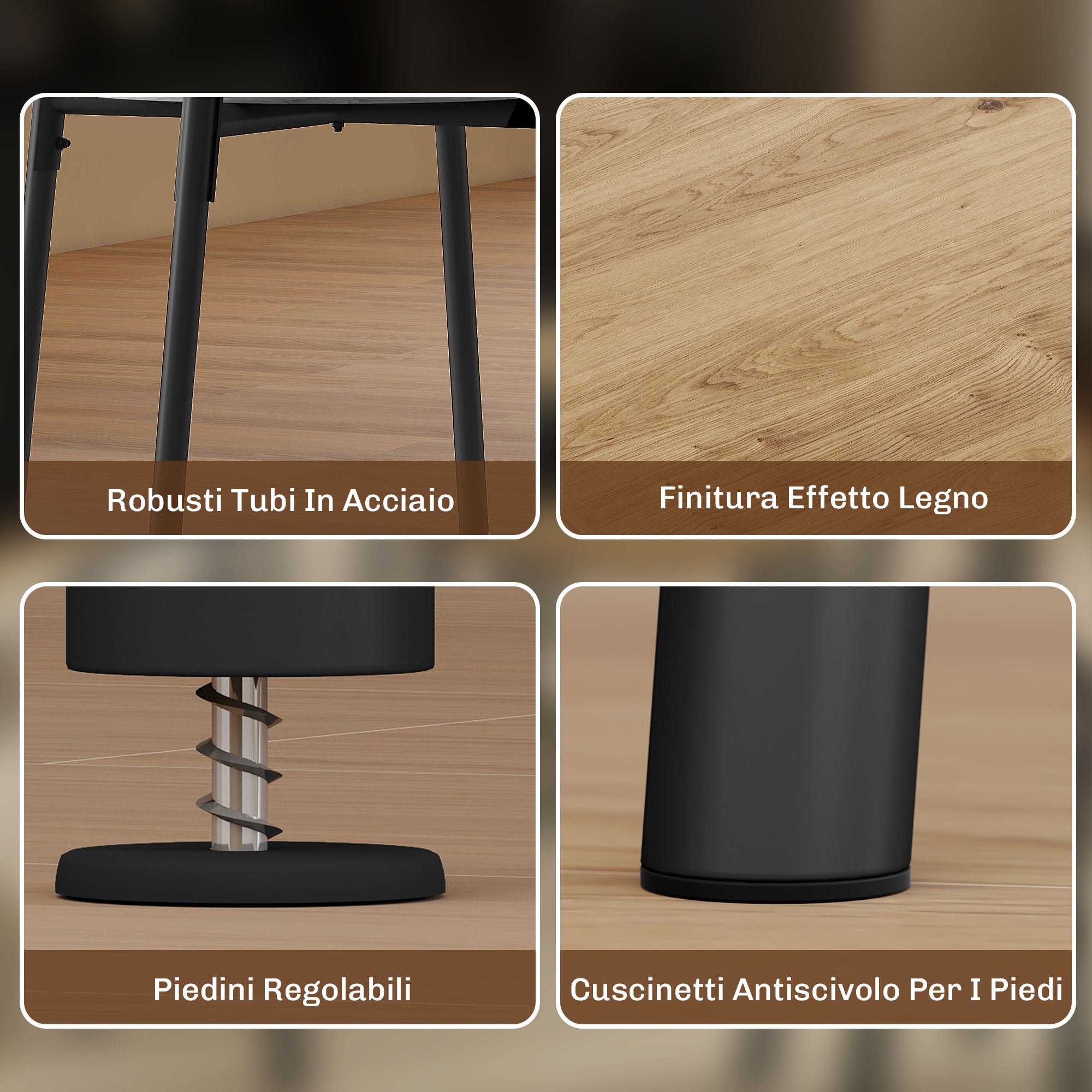 Set Tavolo da Pranzo Rotondo Stile Industriale con 4 Sedie Salvaspazio in Legno e Metallo