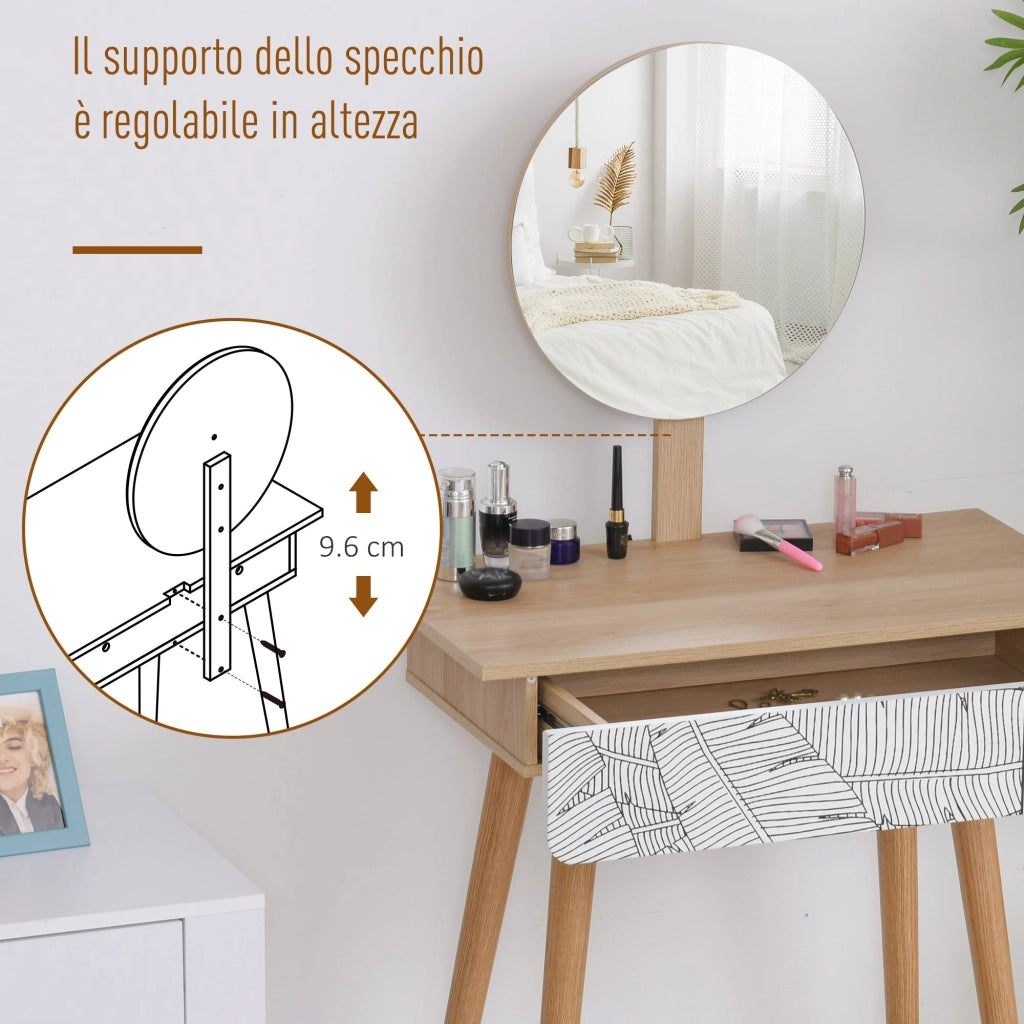 Consolle Trucco 70x39x120 cm con Specchio e Cassetto  Jungle Bianco e Rovere