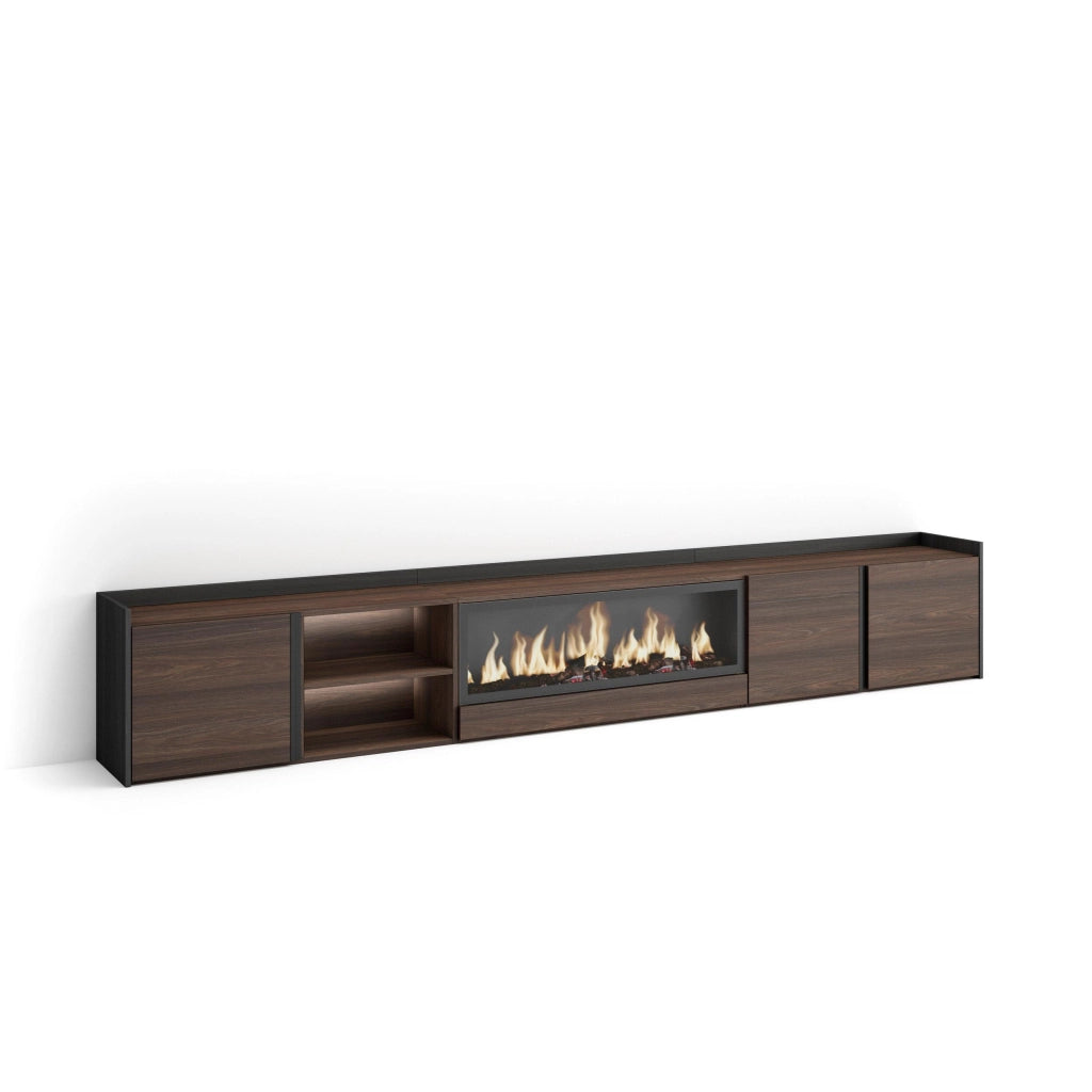 Mobile TV Soggiorno, 315x50x35 cm, Per TV fino a 80", Camino elettrico XXL, LED, Rovere scuro e Nero