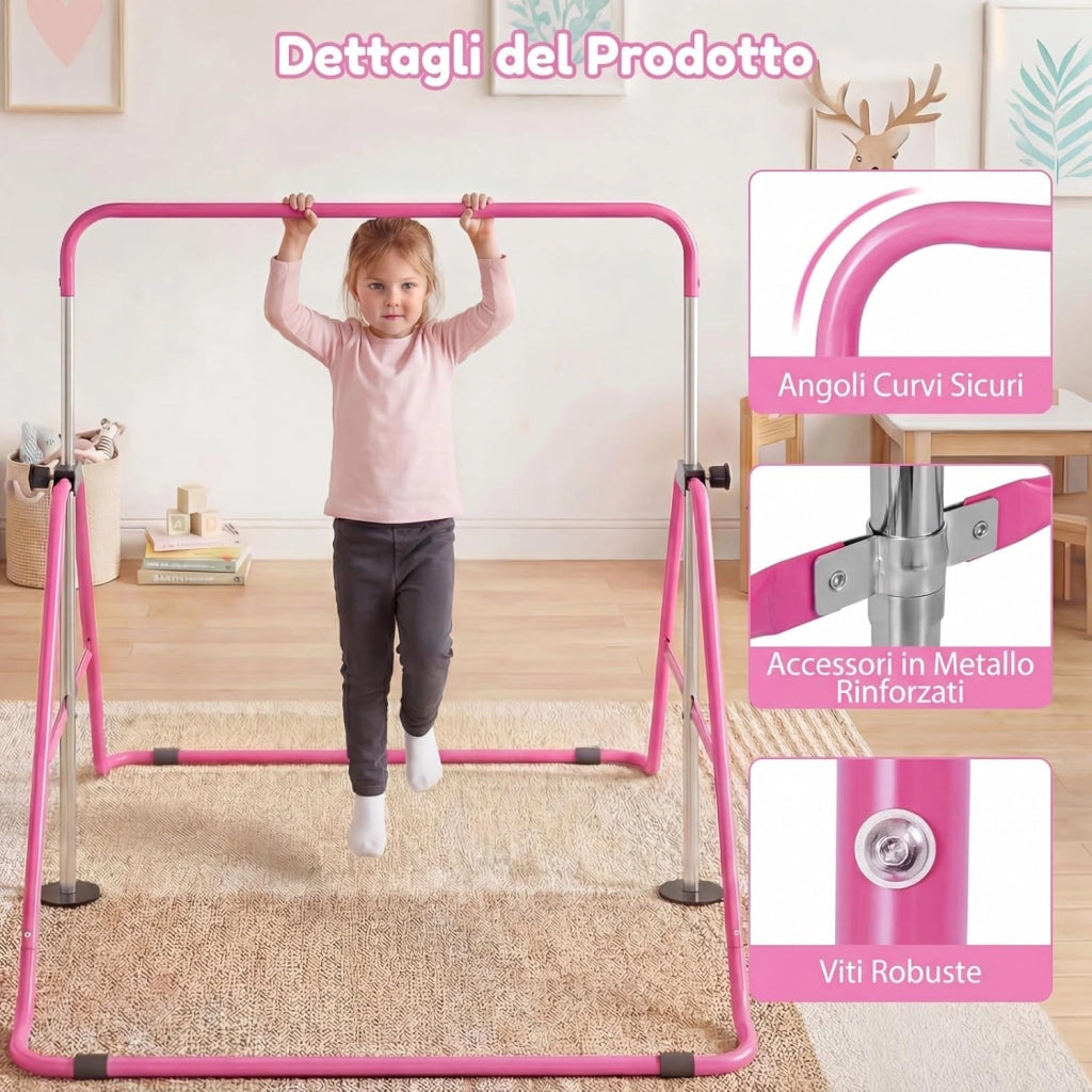 Sbarra Ginnastica Artistica per Casa Pieghevole, Barra Orizzontale Regolabile in Altezza con Base Antiscivolo, Barra Ginnastica per Bambini da 3 a 12 Anni