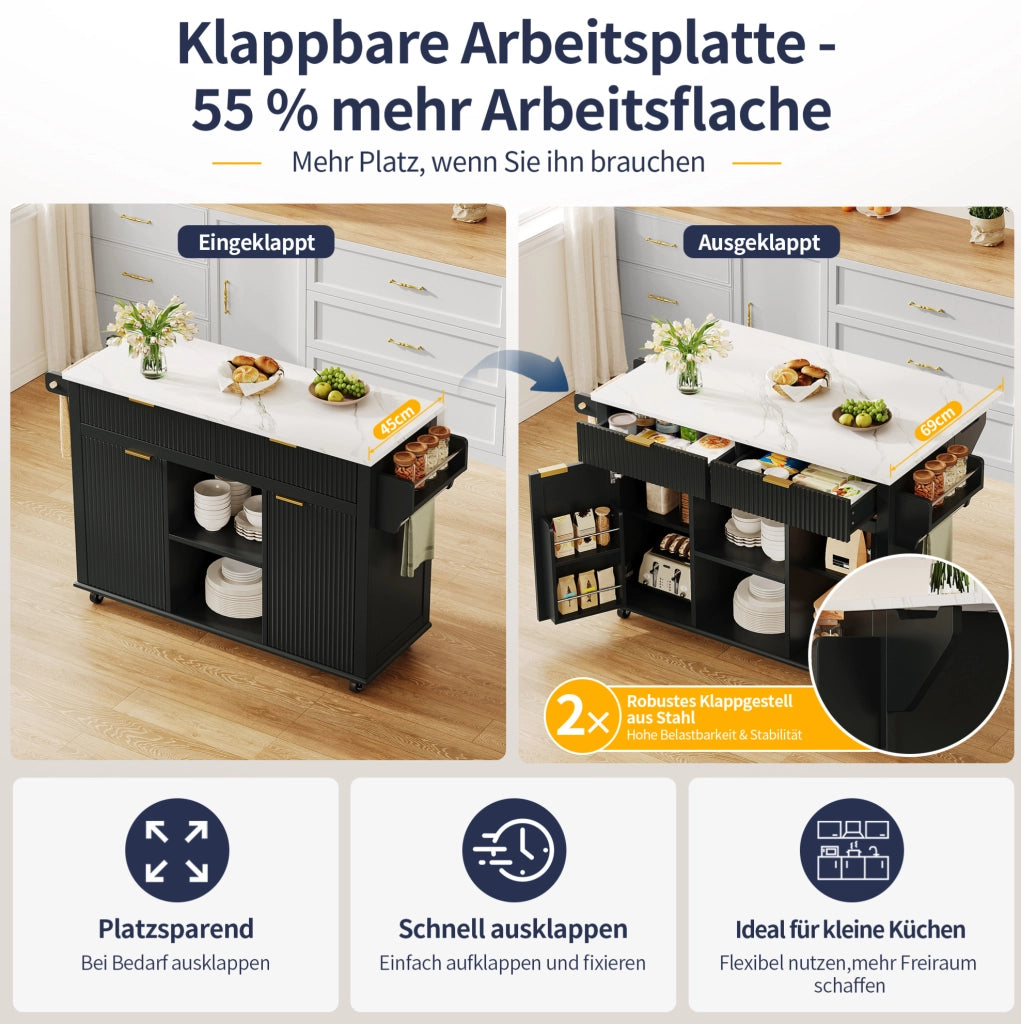 Isola cucina mobile con piano ribaltabile, 2 cassetti e 2 ante