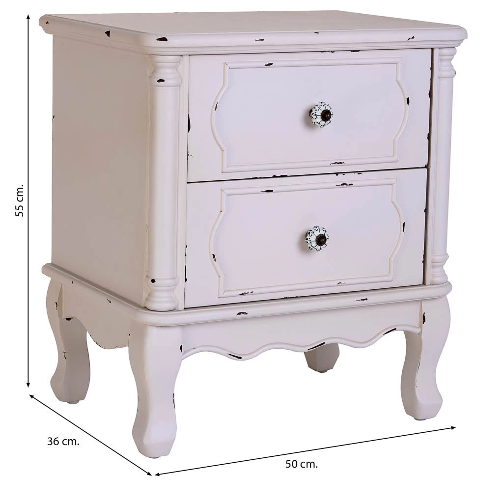 Tavolino in legno bianco invecchiato con 2 cassetti 50x36x55h cm